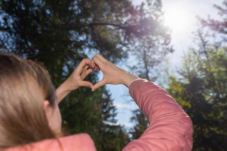 Hands in heart shape. Teenage girl hands heart shape on against blurry forest background of summer or spring.Closeupの写真素材
