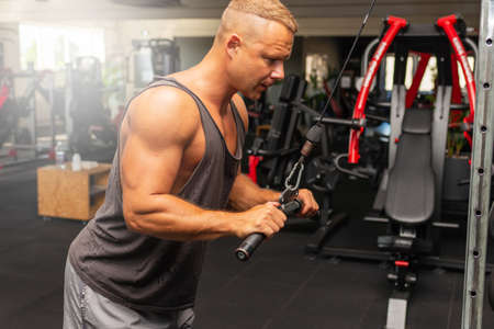 Muscular man working out in gym doing exercises,Exercise for triceps in the gym. strong male naked...