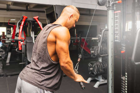 Muscular man working out in gym doing exercises,Exercise for triceps in the gym. strong male torso...