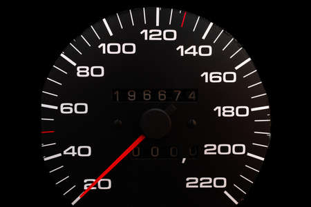 Speedometer in a car. Car dashboard. Dashboard details with indication lamps.Car instrument panel. Dashboard with speedometerCar detailing. Modern interior.Closeup.Copy space.の写真素材