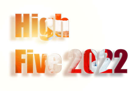 High Five 2022 text inscription on Santa Claus red dress hat star sunglasses with white beard on the white glowing background.の写真素材