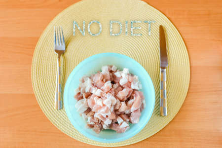 Inscription no diet.International No Diet Day is celebrated on May 6.Raw cut meat pork chunks in blue bowl on a table,next to a knife and fork.Top view,selective focus.の写真素材