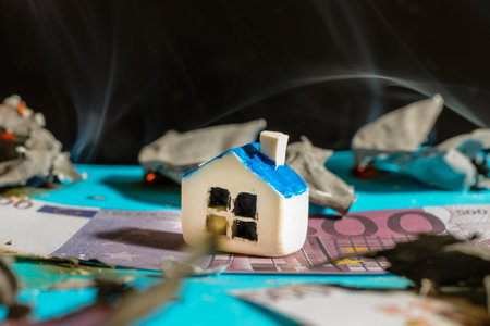 Miniature toy house stand on burnt money Euro bill banknotes.close up.Blurred long exposure background and foreground.Indoors shot.の写真素材