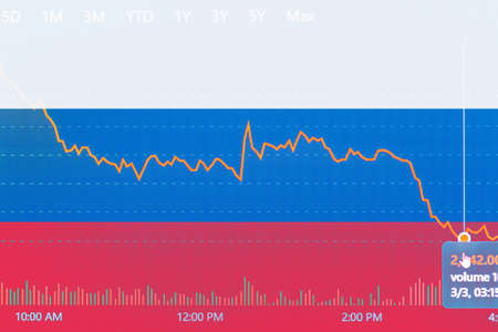 Crisis finance curve russia flag background Investment, marketing crisis concept.Blurred image background.Double exposure.の写真素材