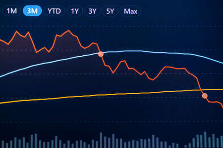 Stock market trading graph in graphic concept.financial investment or economic trends business design. Abstract finance background.Low angle shot.の写真素材