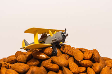 Miniature toy plane on a pile of almond nuts on white background.Copy space.Health concept.