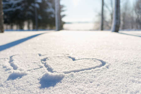 Couple drawn heart shape in the fresh snow.Blurred park trees forest background.の写真素材