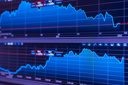 Daily trading prices stock market graph showing on the screen.Daily investor's business everyday life.Selective focus.の写真素材