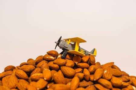 Miniature toy plane on a pile of almond nuts on white background.Copy space.Health concept.の写真素材