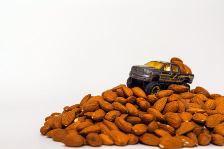 Miniature toy car,truck on a pile of almond nuts.white background.truck transports almonds.Copy space.Health concept.の写真素材
