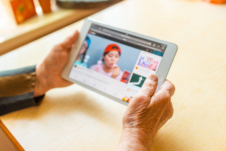 Senior Woman holding an iPad Tablet with video sharing website YouTube on the screen....