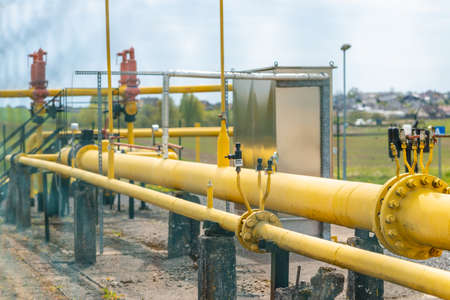 Valves at gas plant,pressure safety valve,selective focus.Background for business.の写真素材