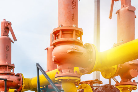 Valves at gas plant,pressure safety valve,blue sky,and sunlight,selective focus.Background for...