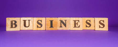 BUSINESS word written on wood blocks number cubes put on purple ,veri peri background.Banner.の写真素材