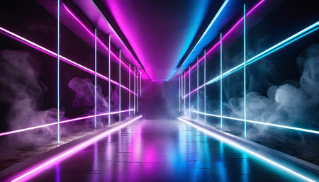 Laser show, night club interior lights, glowing lines, abstract fluorescent background, corridor. Abstract geometric background with liquid shapes.Cool background design for posters.の素材