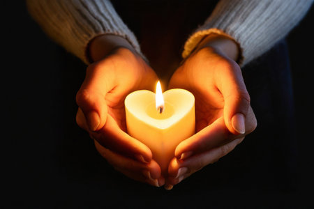 Woman Hand holding burning candle in dark like a heart.black dark background.Close-up.の素材