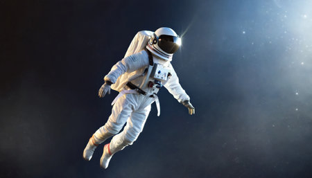 Astronaut in suit floating in space. the futuristic cosmos world concept.Dark background.side view.High quality image.の素材