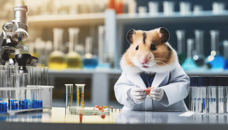 The hamster in a scientist's lab coat.In a background blurred laboratory.High quality image.の素材