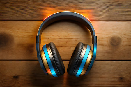 Modern wireless headphones lie on the wooden surface.Top view.の素材