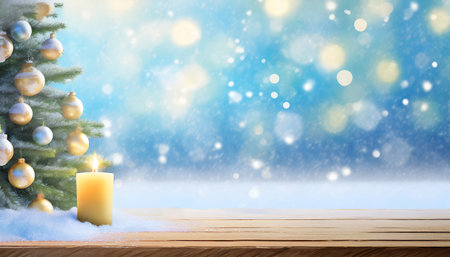 Winter christmas tree and candle on the wooden plank.snow blue blurred background and falling glowing crystal snowflakes.copy space.の素材