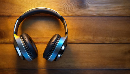 Modern wireless headphones lie on the wooden surface top view. copy space.の素材