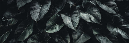 Banner image.Textures of abstract flat lay leaves,tropical leafs background.dark nature concept, tropical leafs.High quality image.Toned.の素材