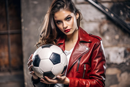 A seductive young woman wearing red leather jacket holds a black and white soccer ball indoors.の素材