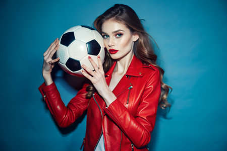 An attractive young white woman wearing red leather jacket holds a black and white soccer ball on a blue background.の素材