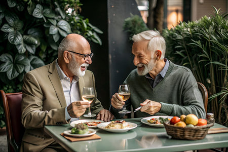 A couple gay senior enjoying date and a meal at a restaurant. LGBTQ concept.の素材