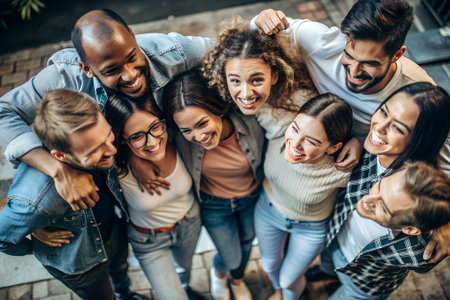 International Friendship Day Concept. People of different races embrace happy moment in summaer. The concept of happy together arms around, top view.の素材