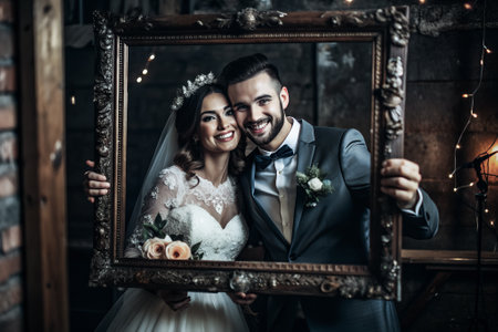 Bride and groom in photobooth. Wedding.の素材