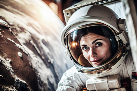 Space beautiful woman astronaut in space wearing astronaut space suit behind earth blue background, close-up.の素材