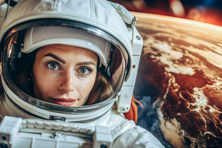 Space beautiful woman astronaut in space wearing astronaut space suit behind earth blue background, close-up.の素材