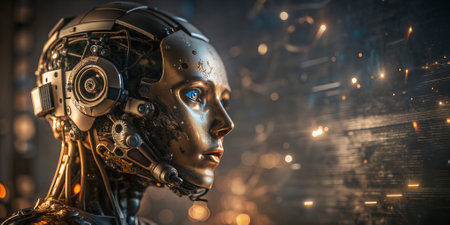 Banner image. Abstract future robot head side view glowing inside on brown dark background. Copy space.の素材