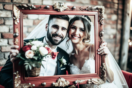Bride and groom in photobooth. Wedding.の素材