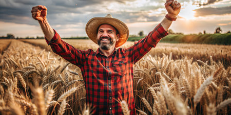 Male farmer standing in a middle wheat field and with his hands raised, he rejoices at the happy harvest. wide angle. copy space.の素材