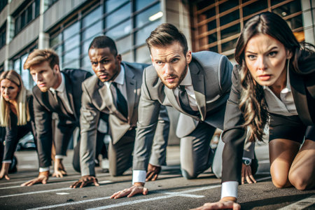 Businessmen and Women in suit ready to run at start point. Successful business concept.の素材