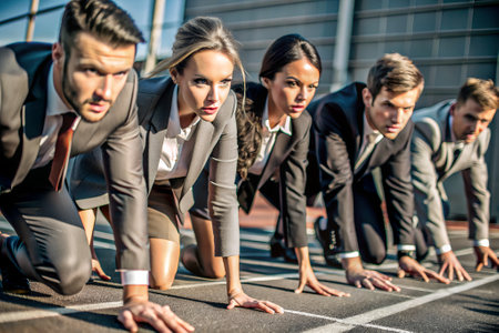 Businessmen and Women in suit ready to run at start point. Successful business concept.の素材