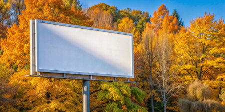 White blank advertisement billboard mockup. autumn forest trees blue sky background.の素材