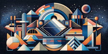 Abstract design, pattern graphic postmodern art symbols with bold geometric shapes, useful for web background, poster art design, magazine front page, hi-tech print, cover artwork.の素材