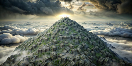 Dollar hill in the clouds. A lot of money in the grey fog. Million dollar cash. Financial business concept. 3D render, illustration.の素材