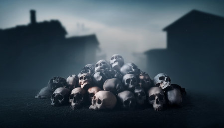 Pile, heap of skulls. Blurred background fog and abandoned houses. Apocalypse and hell concept.の素材