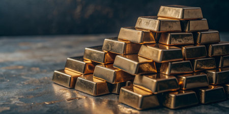 Gold bars shine brightly lit against a gray background.の素材