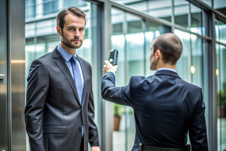 Security guard checks businessman with detector.の素材