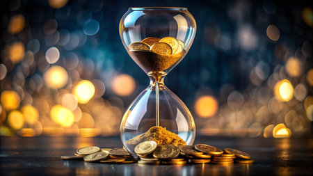Hourglass with coins, BitCoins blurred dark background. Time is money. A Symbol of business financial management.の素材
