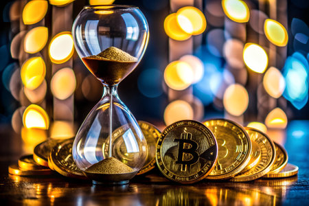 Time is money. Hourglass with coins, BitCoins blurred dark background. A Symbol of business financial management.の素材