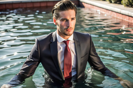 Successful young adult caucasian businessman in suit wades in the pool.の素材