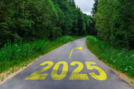 New year or straight forward concept. Text written on the rural road in the middle of asphalt road. Concept of planning, goal, challenge, new year resolution and start.の写真素材