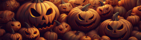 Banner. 3D pile of scary carved pumpkins background. Halloween concept. Illustration.の素材
