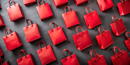 Mockup. Creative black friday composition with a lot red shopping bags on a black surface. Copy space. Top view.の素材